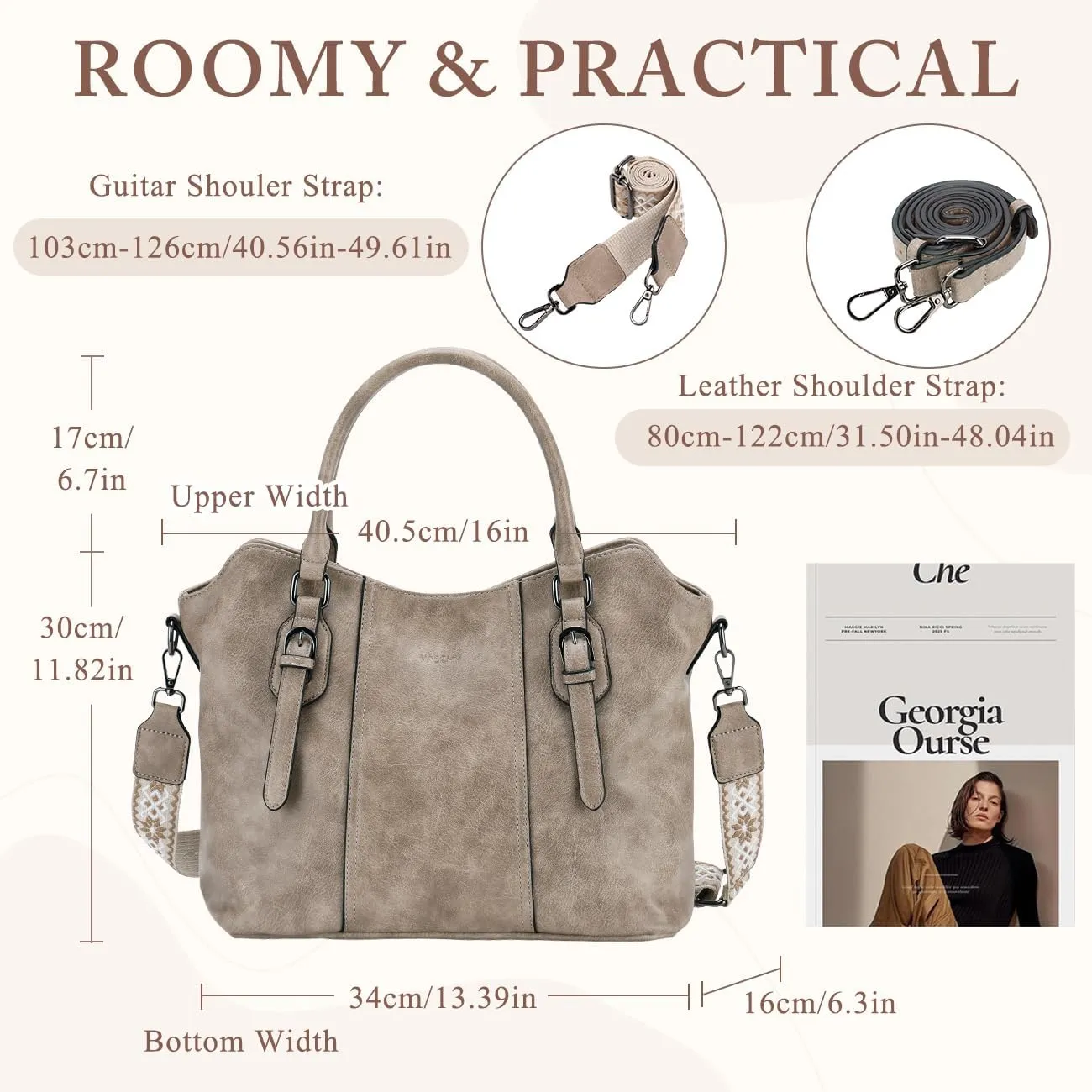 VASCHY Hobo Bags for Women, Vegan Leather Top Handle Satchel Shoulder Purse Handbag Purse with Crossbody Guitar Strap