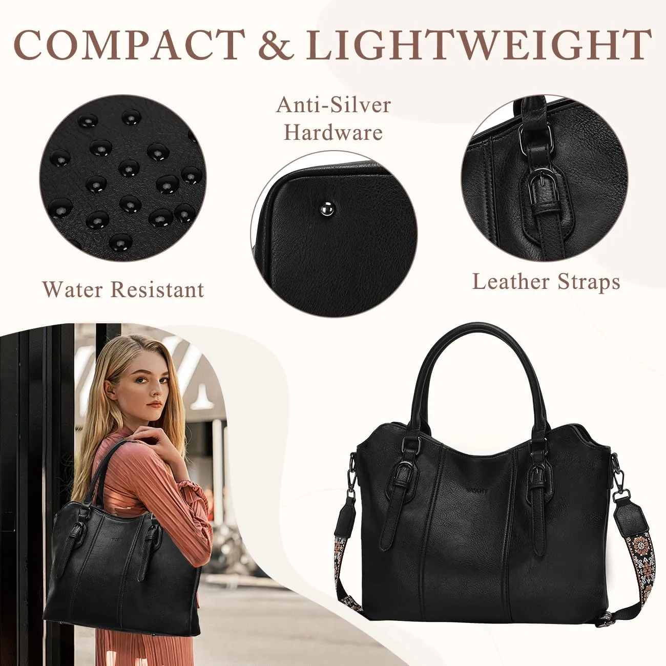 VASCHY Hobo Bags for Women, Vegan Leather Top Handle Satchel Shoulder Purse Handbag Purse with Crossbody Guitar Strap