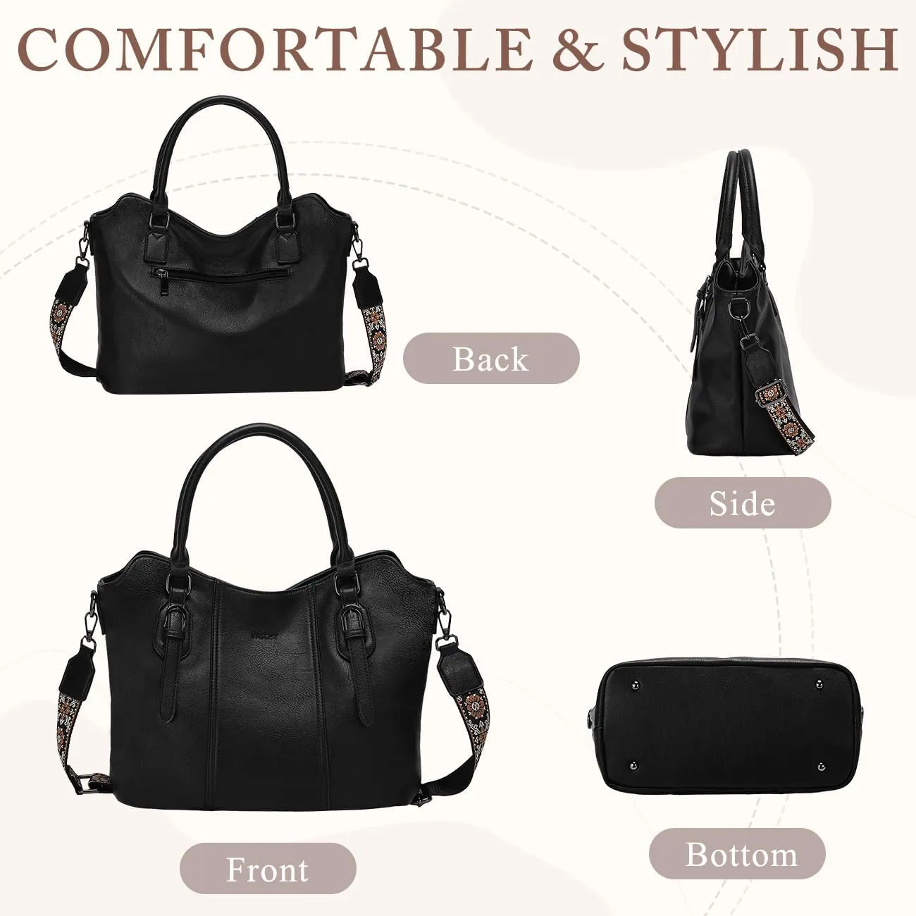 VASCHY Hobo Bags for Women, Vegan Leather Top Handle Satchel Shoulder Purse Handbag Purse with Crossbody Guitar Strap