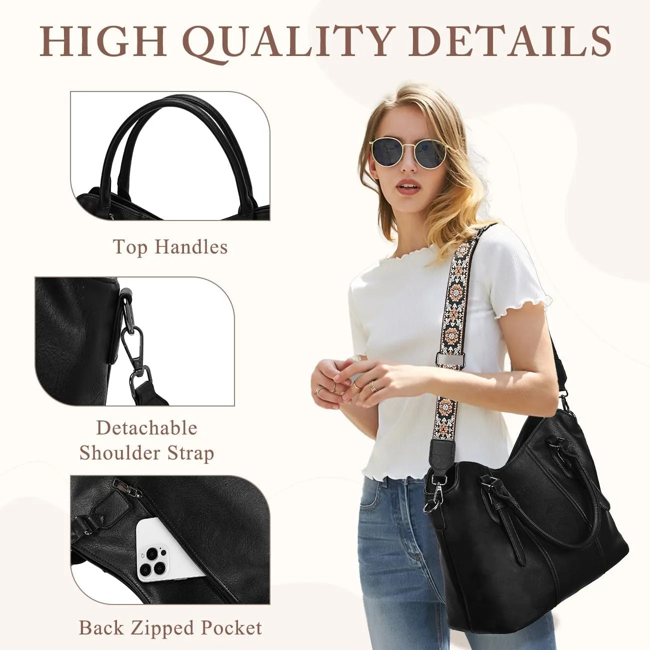 VASCHY Hobo Bags for Women, Vegan Leather Top Handle Satchel Shoulder Purse Handbag Purse with Crossbody Guitar Strap