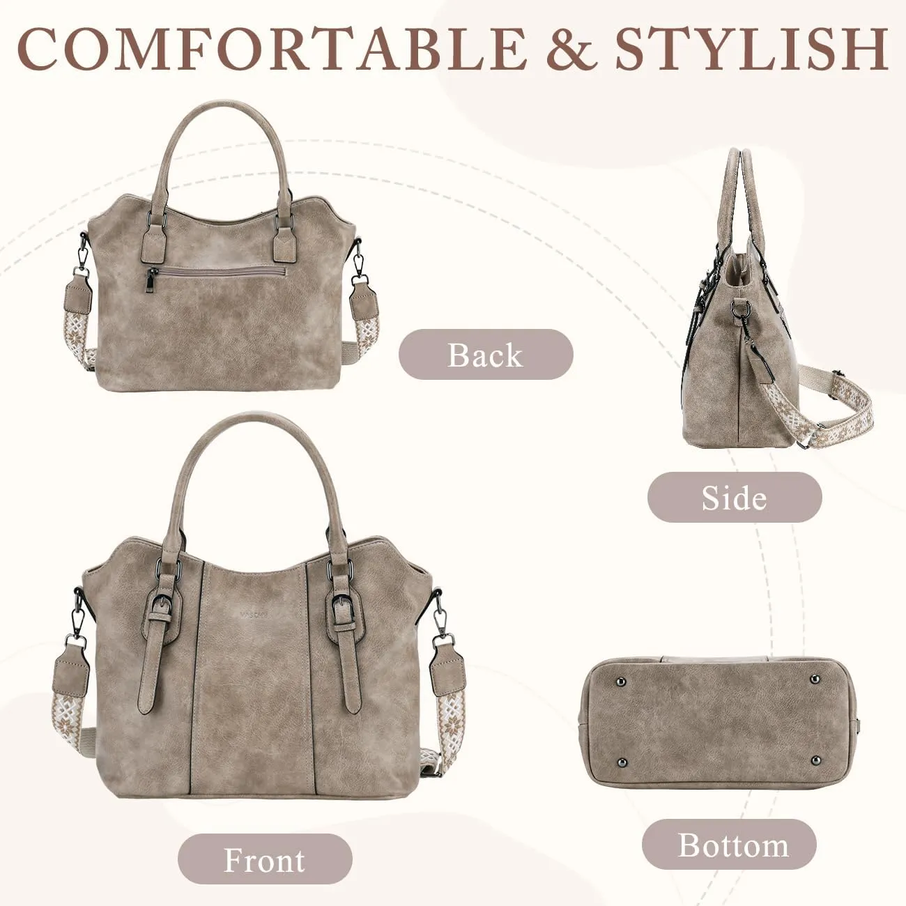 VASCHY Hobo Bags for Women, Vegan Leather Top Handle Satchel Shoulder Purse Handbag Purse with Crossbody Guitar Strap