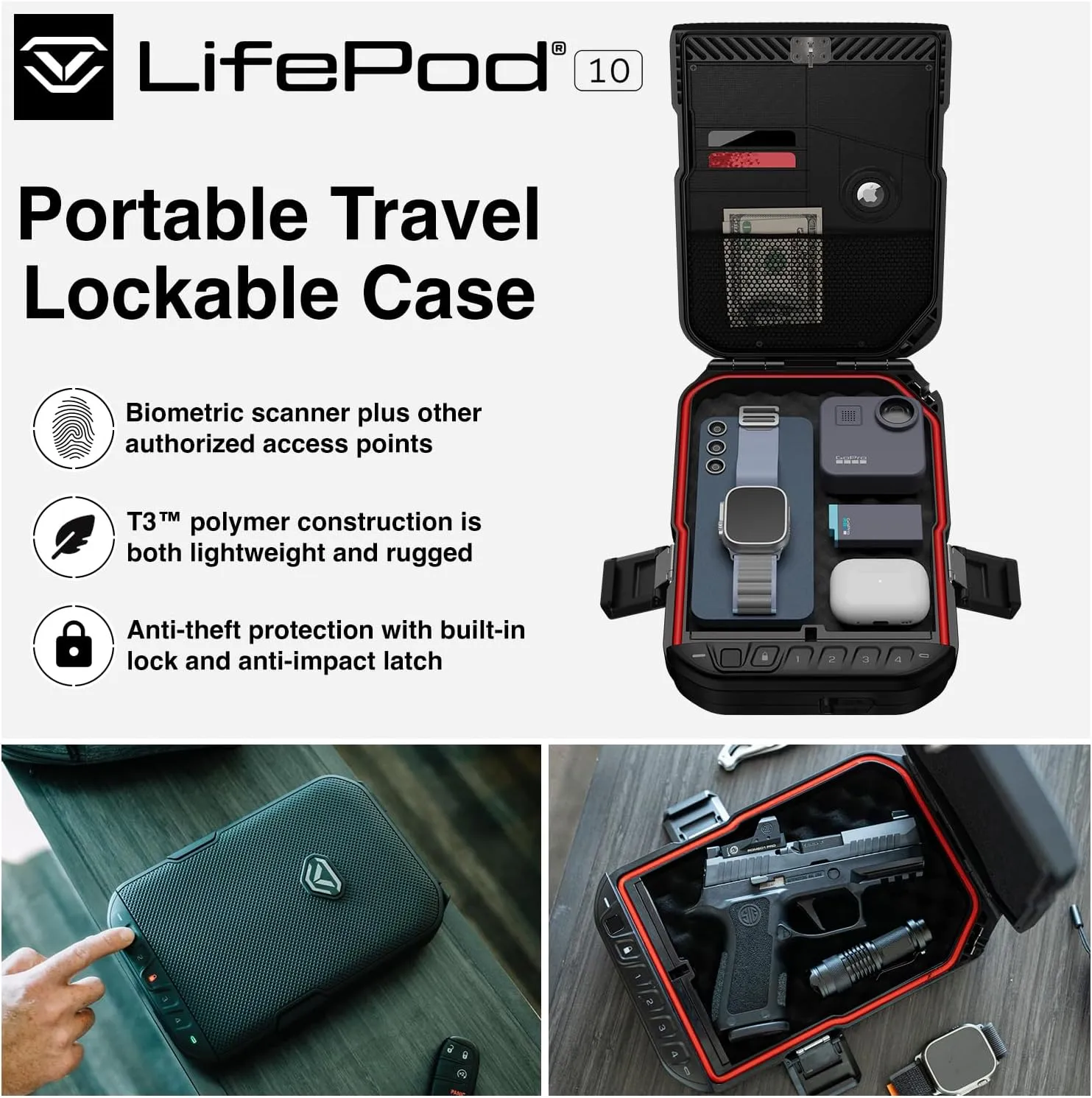 Vaultek LifePod 1.0 Biometric | Secure Waterproof Travel Case & Rugged Biometric Lock Box | Fingerprint Scanner, Backlit Keypad, 4‑Digit Code, Anti‑Impact Latch | Signature Series Kit
