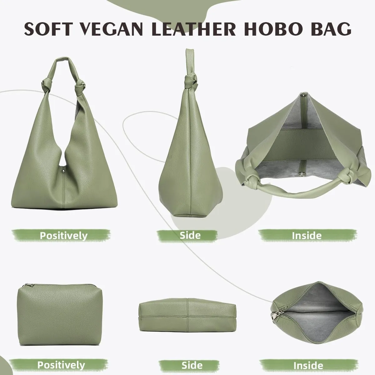 Vegan Leather Hobo Purses set, Slouchy Shoulder Bag Knotted Hobo Bags for Women with a small purse