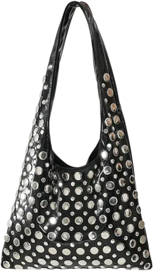 Ventilate Sling Shoulder Bag for Women Rivets Underarm Bucket Bags with Large Capacity Punk Style Causal Hobo Purse