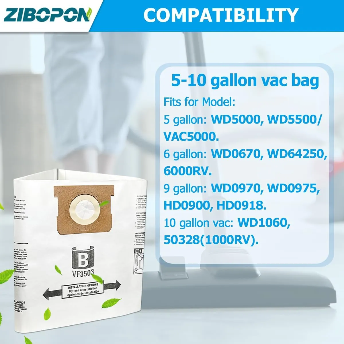 VF3503 Vacuum Bags Compatible with Ridgid 5 to 10 Gallon Wet/Dry Vacs, Size B(10 Pack)