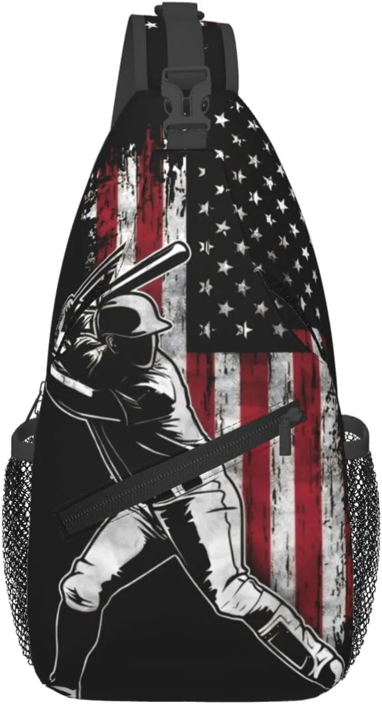 Vintage American Flag Baseball Player Chest Bags Crossbody Sling Bag Shoulder Bag Travel Hiking Daypack For Men Women