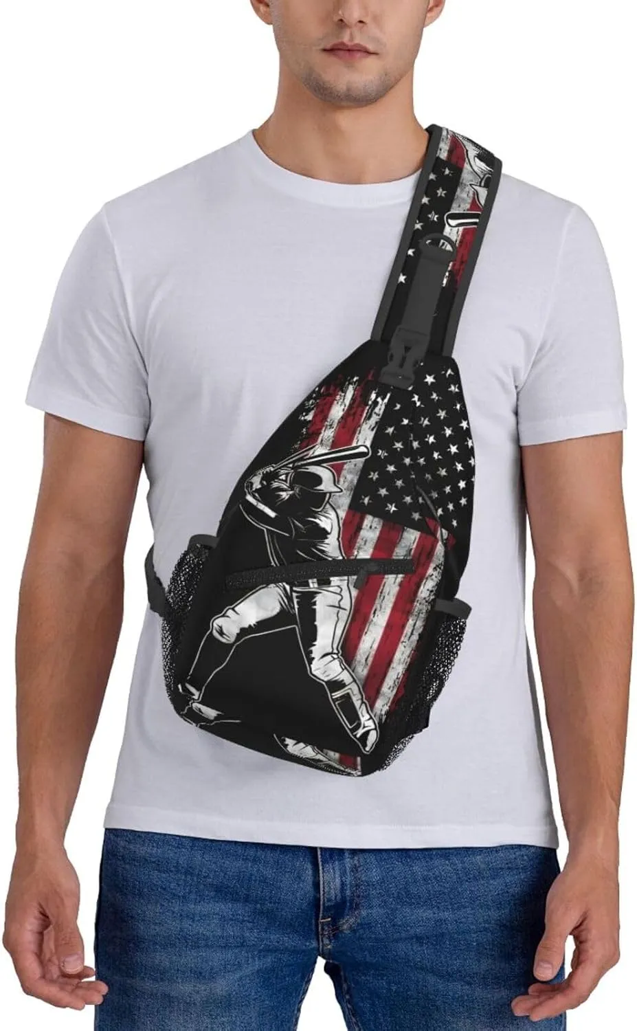 Vintage American Flag Baseball Player Chest Bags Crossbody Sling Bag Shoulder Bag Travel Hiking Daypack For Men Women