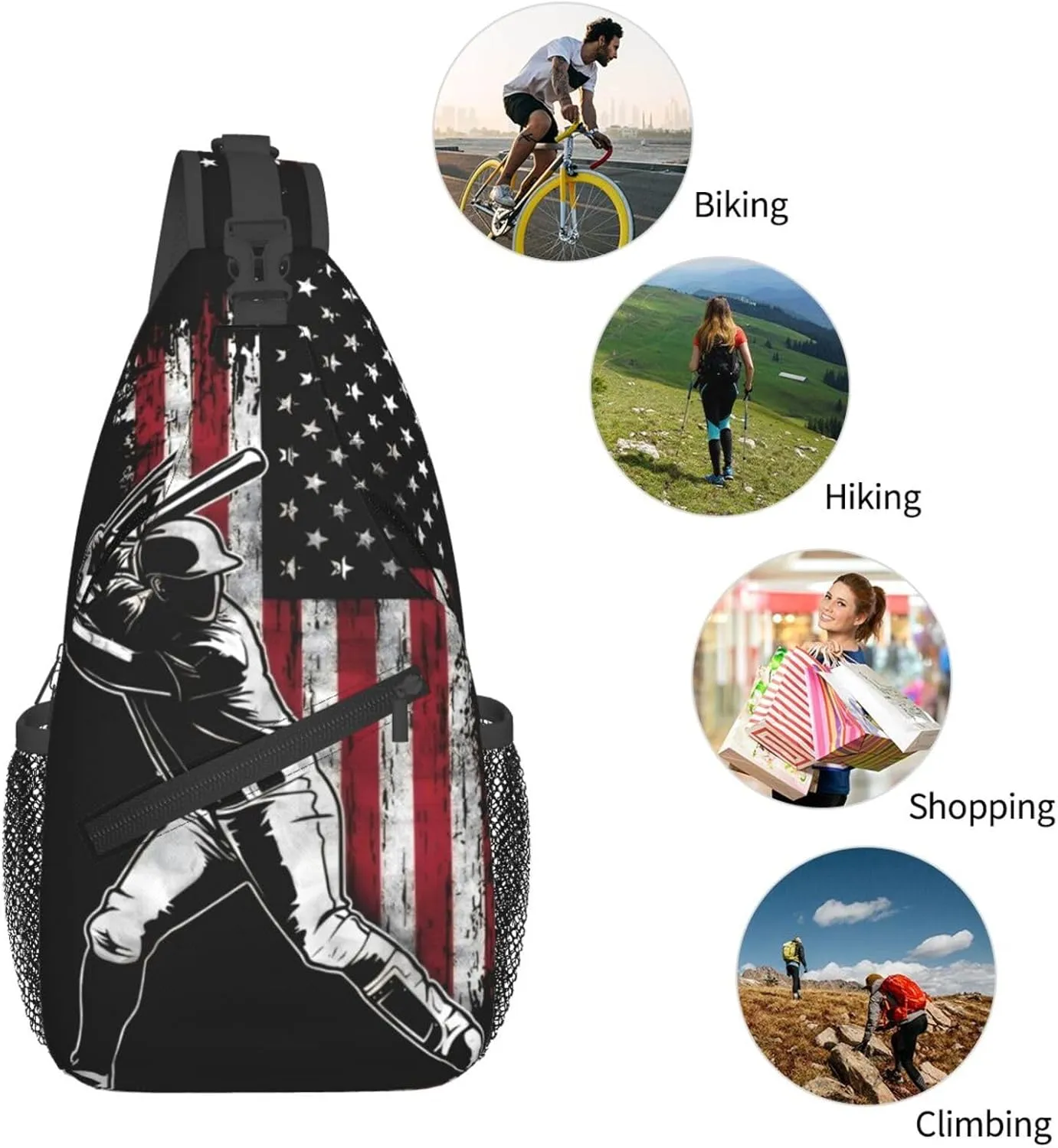 Vintage American Flag Baseball Player Chest Bags Crossbody Sling Bag Shoulder Bag Travel Hiking Daypack For Men Women