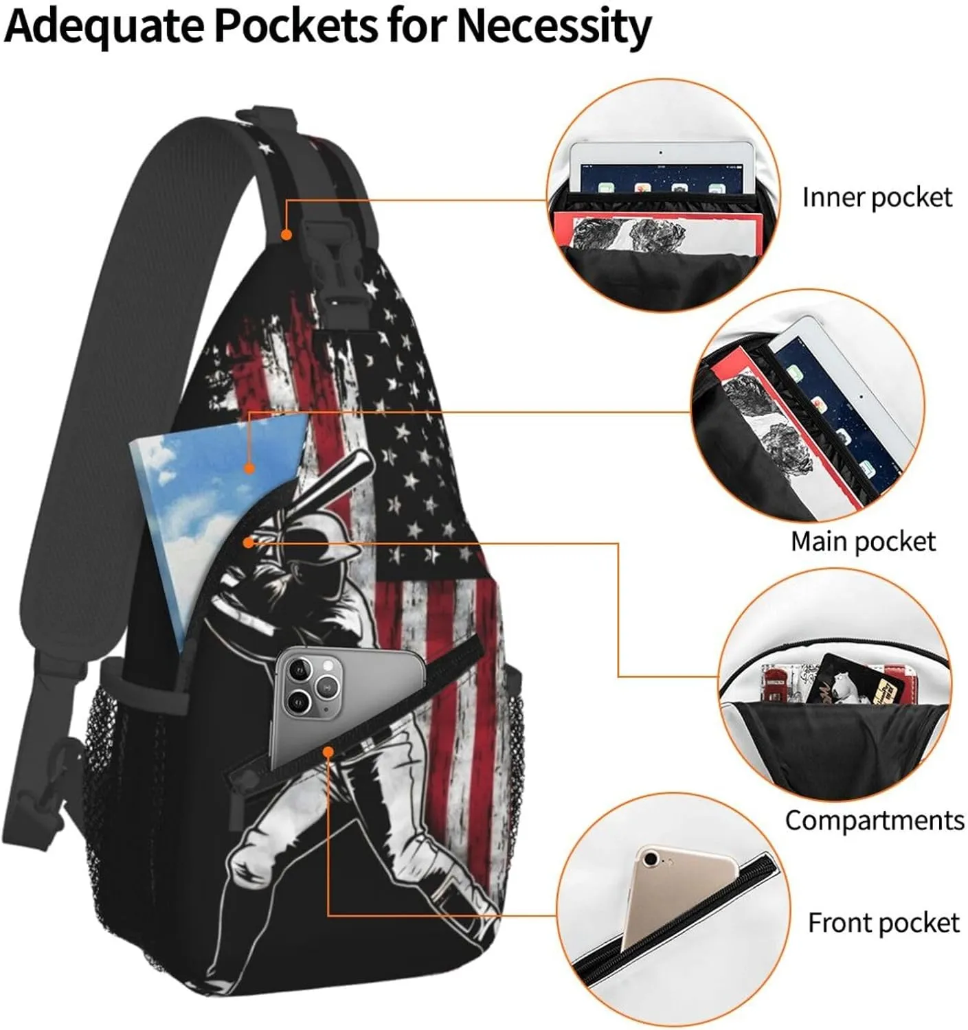 Vintage American Flag Baseball Player Chest Bags Crossbody Sling Bag Shoulder Bag Travel Hiking Daypack For Men Women