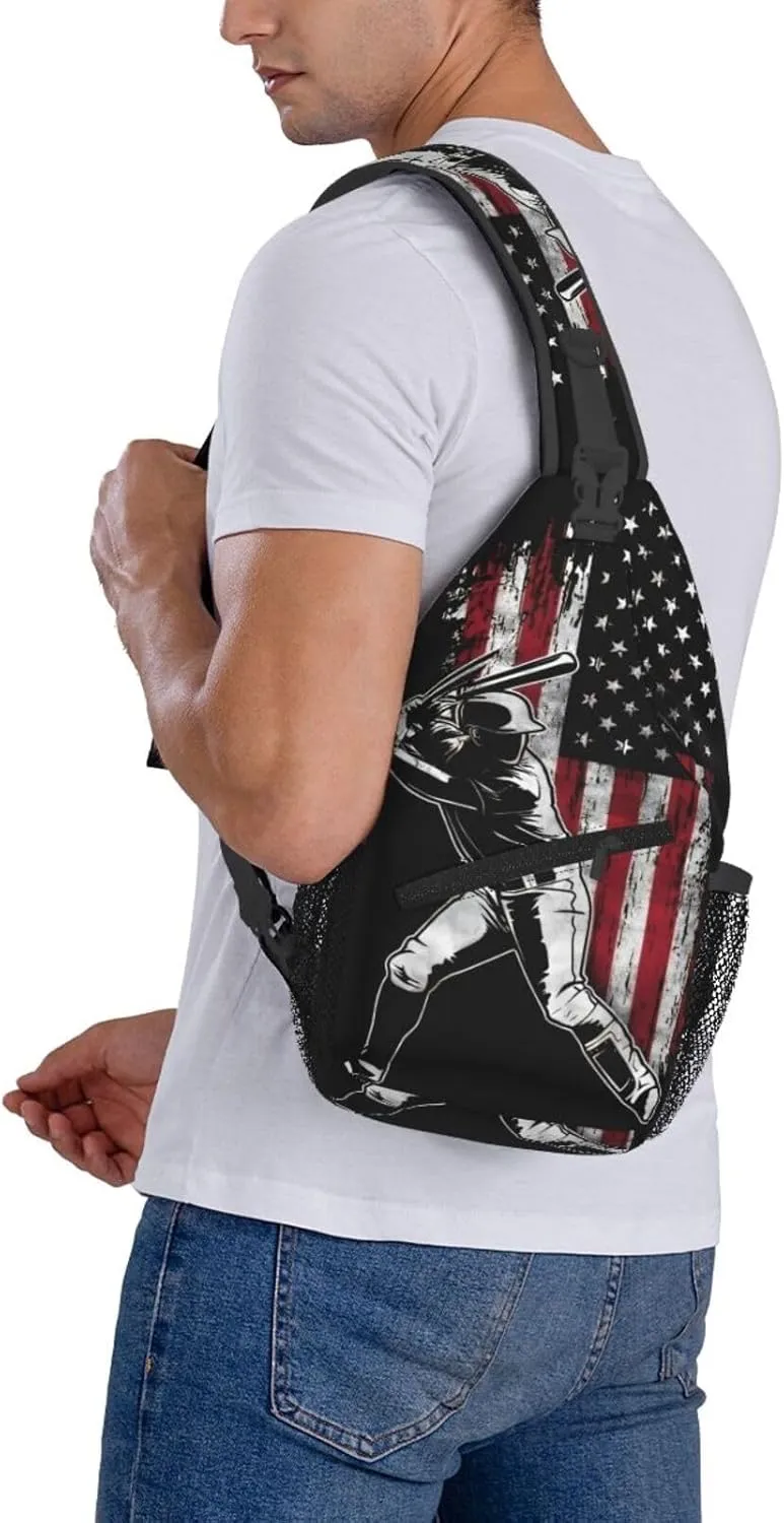 Vintage American Flag Baseball Player Chest Bags Crossbody Sling Bag Shoulder Bag Travel Hiking Daypack For Men Women