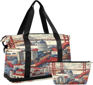 Vintage Cross-sea Bridge Duffel Bag Lightweight Carry On Gym Bags for Travel and Weekends, Versatile Overnight Bag with Shoe Compartment