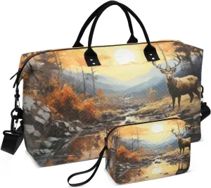 Vintage Elk Autumn River Travel Duffel Bag, Gym Bags with Multiple Interior Pockets for Men Women Toiletry Purse Included 20.5”x 1.9” x 13.8”
