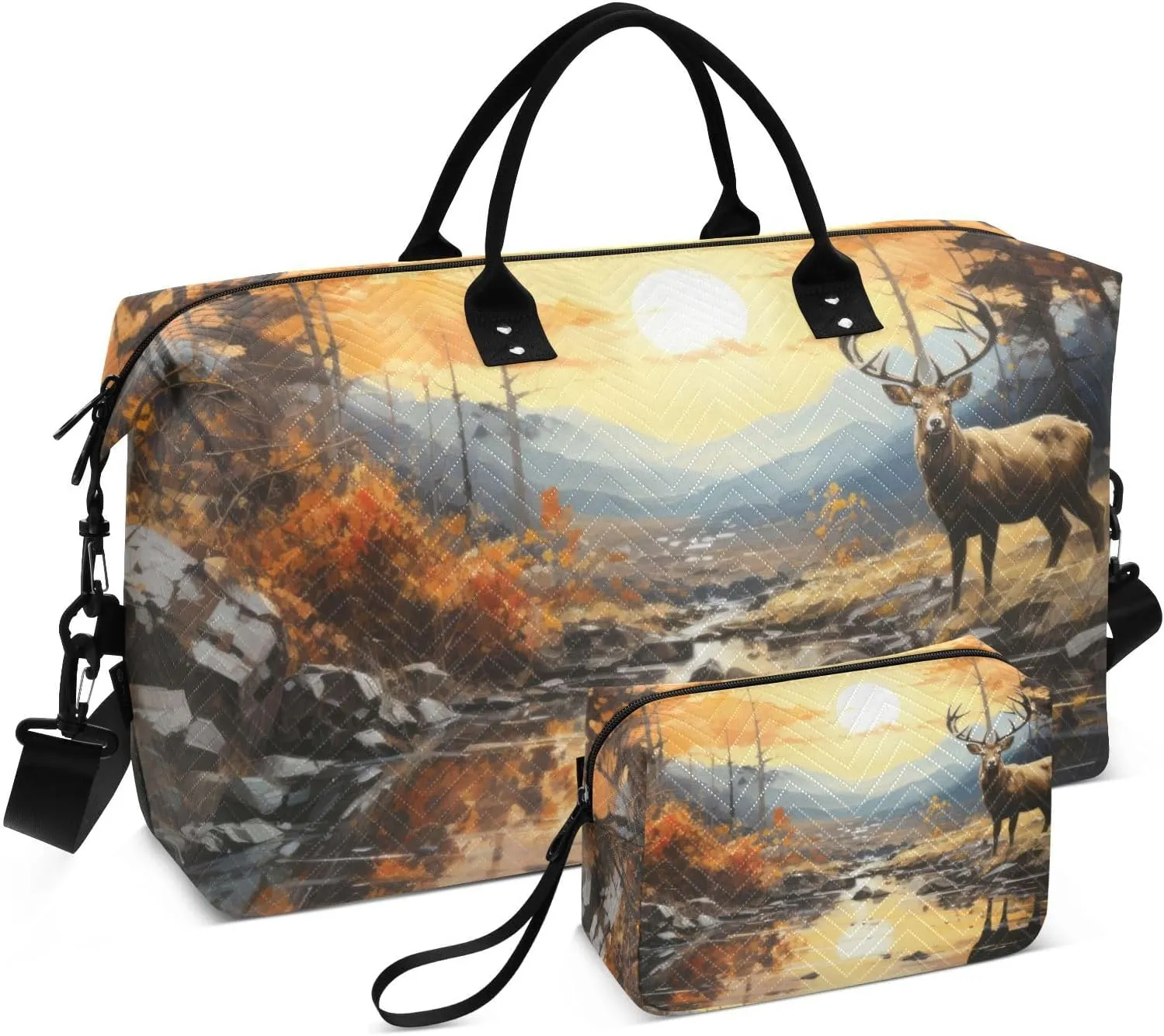 Vintage Elk Autumn River Travel Duffel Bag, Gym Bags with Multiple Interior Pockets for Men Women Toiletry Purse Included 20.5”x 1.9” x 13.8”