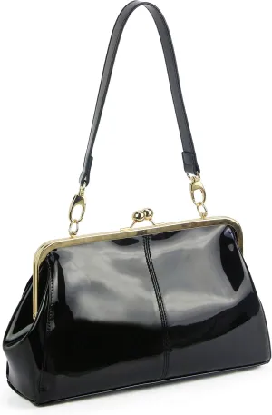 Vintage Kiss Lock Handbags Shiny Patent Leather Evening Clutch Purse Tote Bags with Two Straps