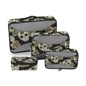 Vintage Retro Seamless Gothic Sugar Skulls with Roses, Roses Thorns 4 Set Packing Cubes, Travel Packing Organizers, 600D Oxford Cloth Toiletry Storage Bag, Luggage Mesh Bags for Accessories