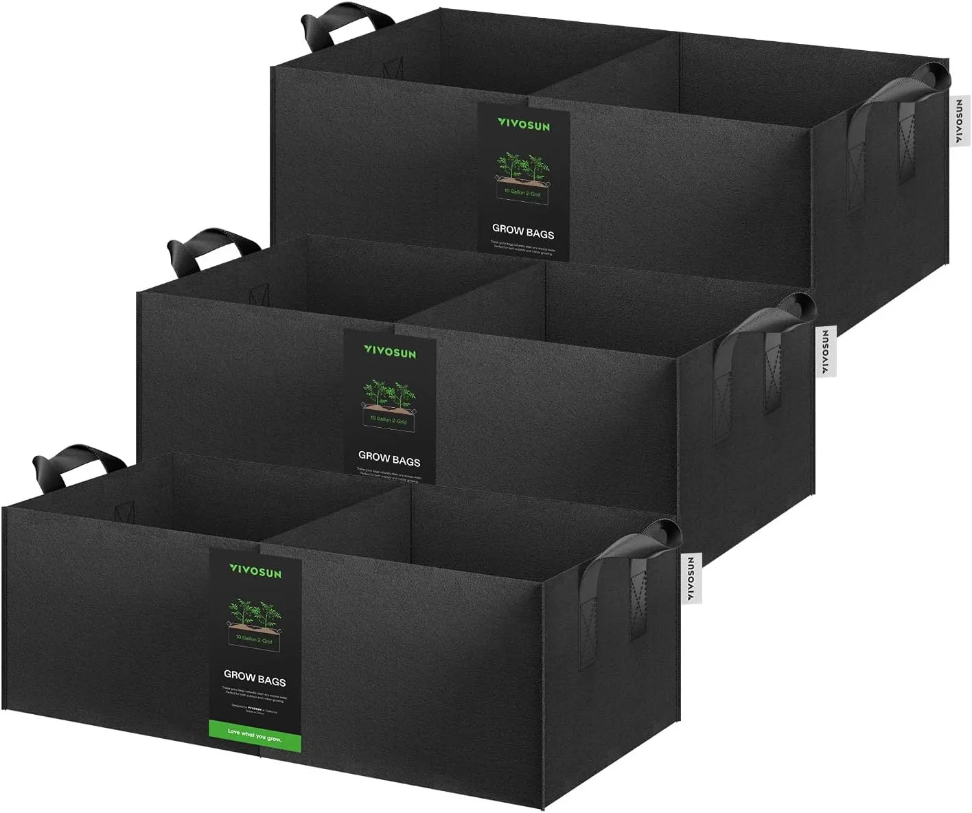 VIVOSUN 3-Pack 2-Grid 10 Gallon Grow Bags, Heavy Duty Square Plant Grow Pots, 400G Thickened Breathable Fabric Plant Container with Reinforced Handles & 10 Pcs Plant Labels for Flowers, Vegetables