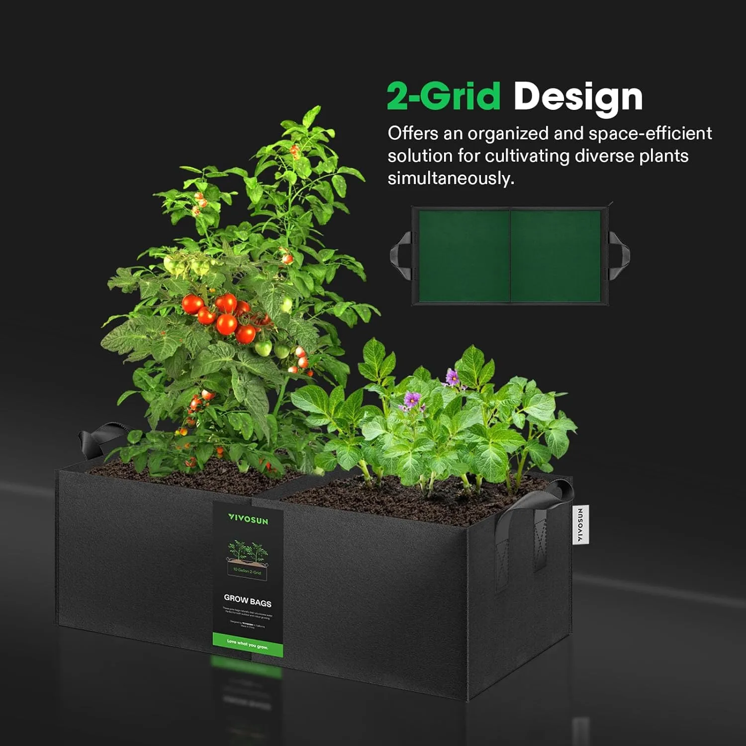 VIVOSUN 3-Pack 2-Grid 10 Gallon Grow Bags, Heavy Duty Square Plant Grow Pots, 400G Thickened Breathable Fabric Plant Container with Reinforced Handles & 10 Pcs Plant Labels for Flowers, Vegetables