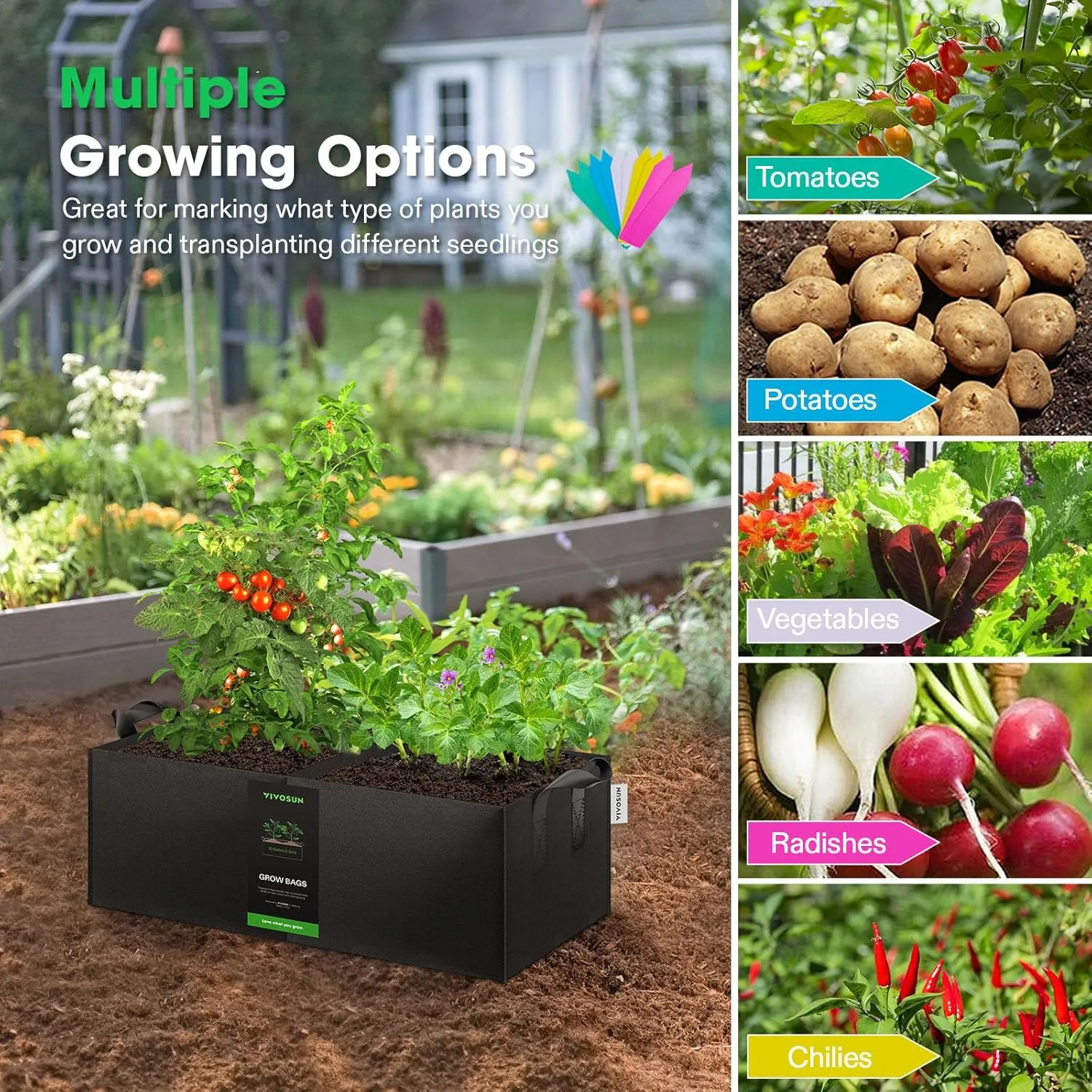 VIVOSUN 3-Pack 2-Grid 10 Gallon Grow Bags, Heavy Duty Square Plant Grow Pots, 400G Thickened Breathable Fabric Plant Container with Reinforced Handles & 10 Pcs Plant Labels for Flowers, Vegetables