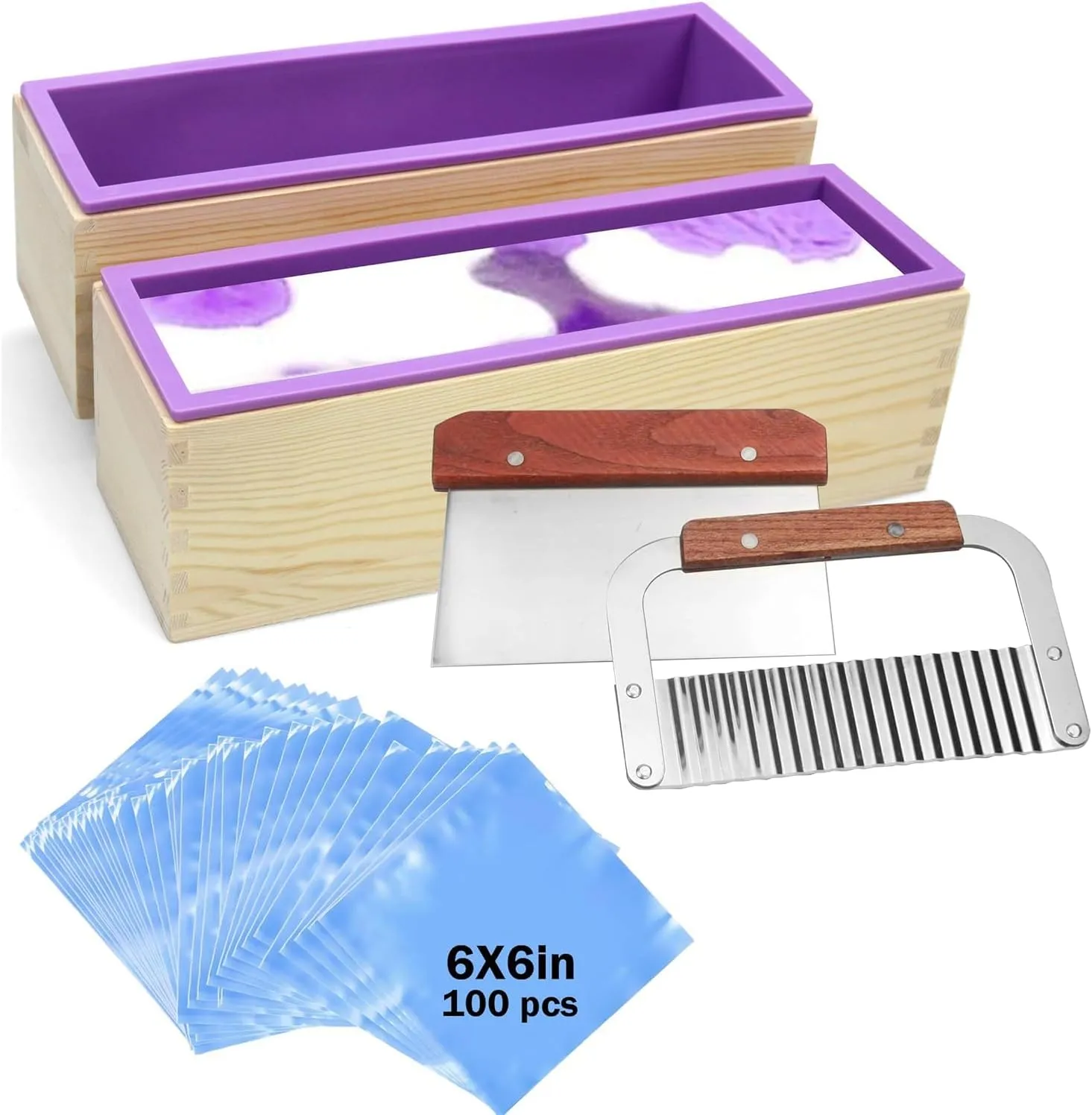 Voulosimi Soap molds kit-2 Pcs 42 oz Loaf Flexible Rectangular Silicone Soap Mold with Wood Box, 100 Pcs 6 x 6 inch Shrink Wrap Bags