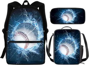 Water Baseball Backpack Lunch Bag for Boys Kids School Bags Set,Kindergarten/Primary/Elementary School Bookbag Insulated Lunch Box Pencil Case Book Bag for Teens 8-10/10-12/12-14 Years Old