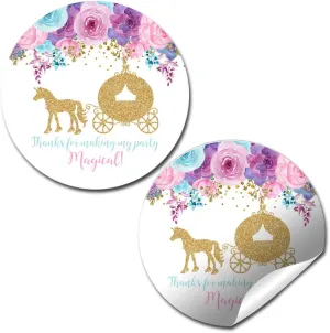 Watercolor Floral Gold Glitter Princess Carriage Themed Thank You Sticker Labels, 40 2" Party Circle Stickers by AmandaCreation, Great for Party Favors, Envelope Seals & Goodie Bags