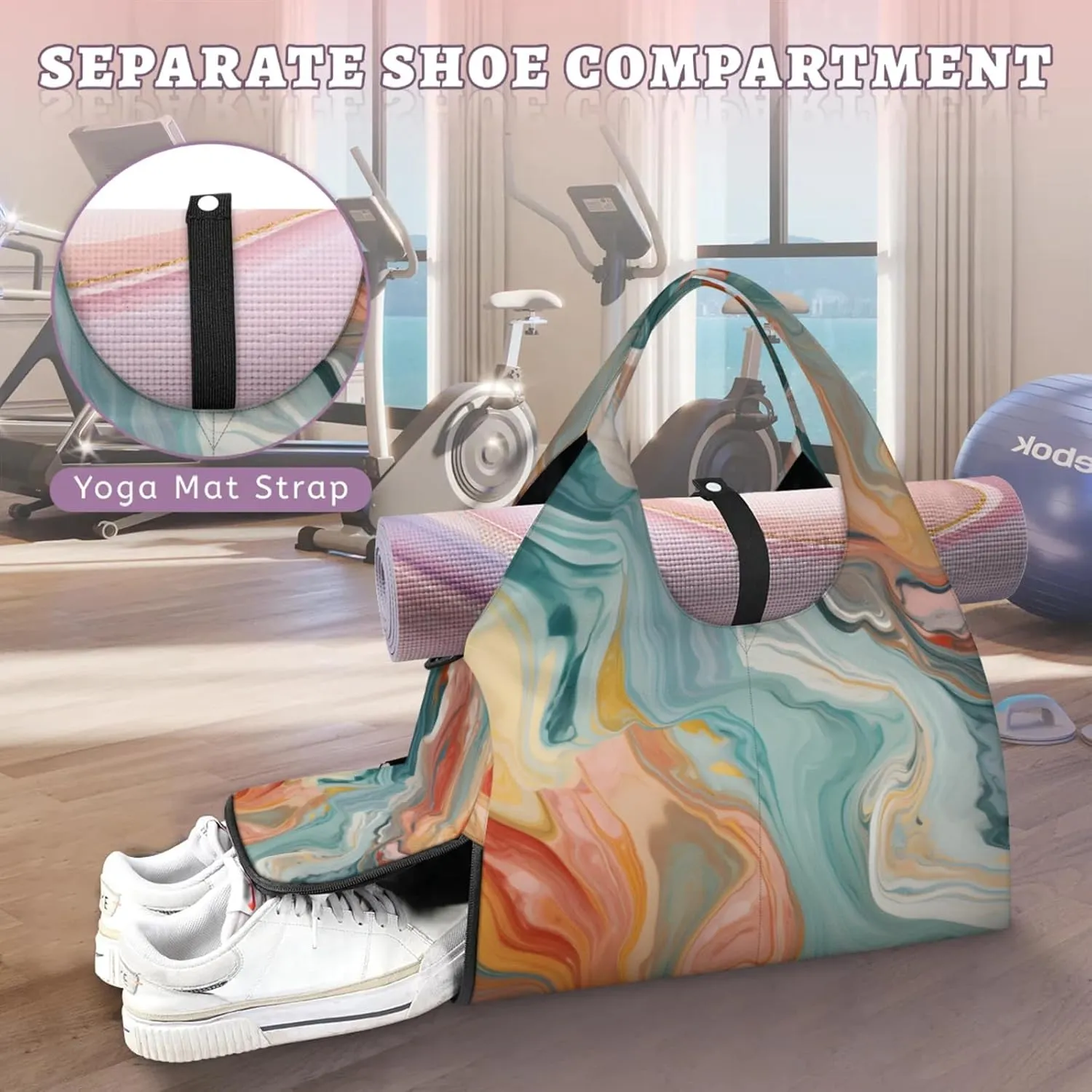 Watercolour Marble Papers Gym Bag Yoga Mat Tote for Women with Shoes Compartment Lightweight Duffle Travel Carrier Wet Dry Storage Pockets Adjustable Pilates Mats Shoulder Bags for Sport Swim