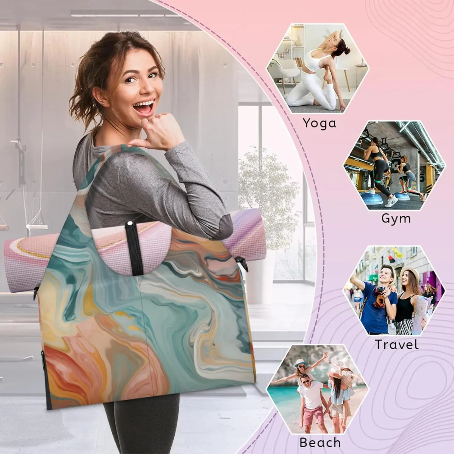 Watercolour Marble Papers Gym Bag Yoga Mat Tote for Women with Shoes Compartment Lightweight Duffle Travel Carrier Wet Dry Storage Pockets Adjustable Pilates Mats Shoulder Bags for Sport Swim