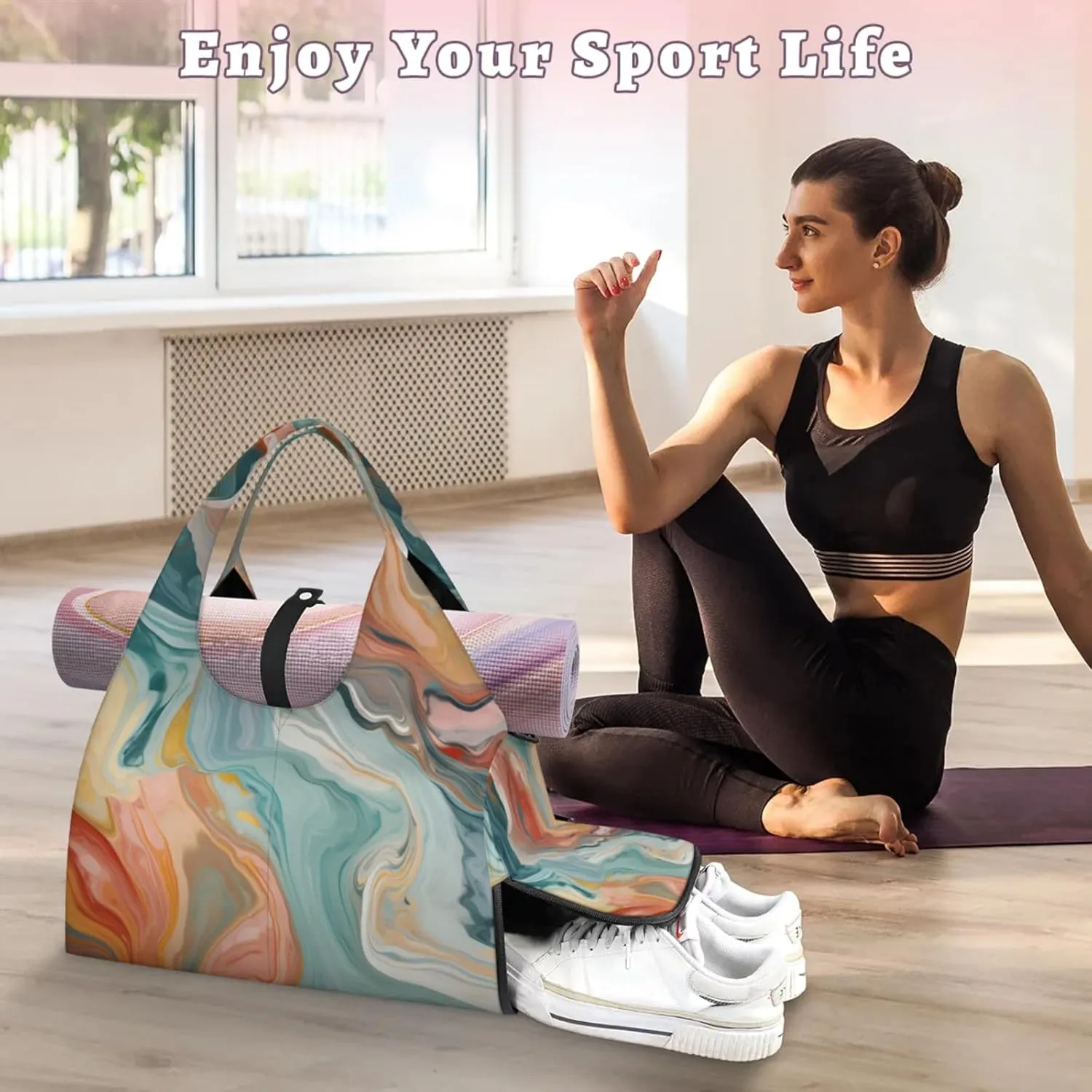 Watercolour Marble Papers Gym Bag Yoga Mat Tote for Women with Shoes Compartment Lightweight Duffle Travel Carrier Wet Dry Storage Pockets Adjustable Pilates Mats Shoulder Bags for Sport Swim
