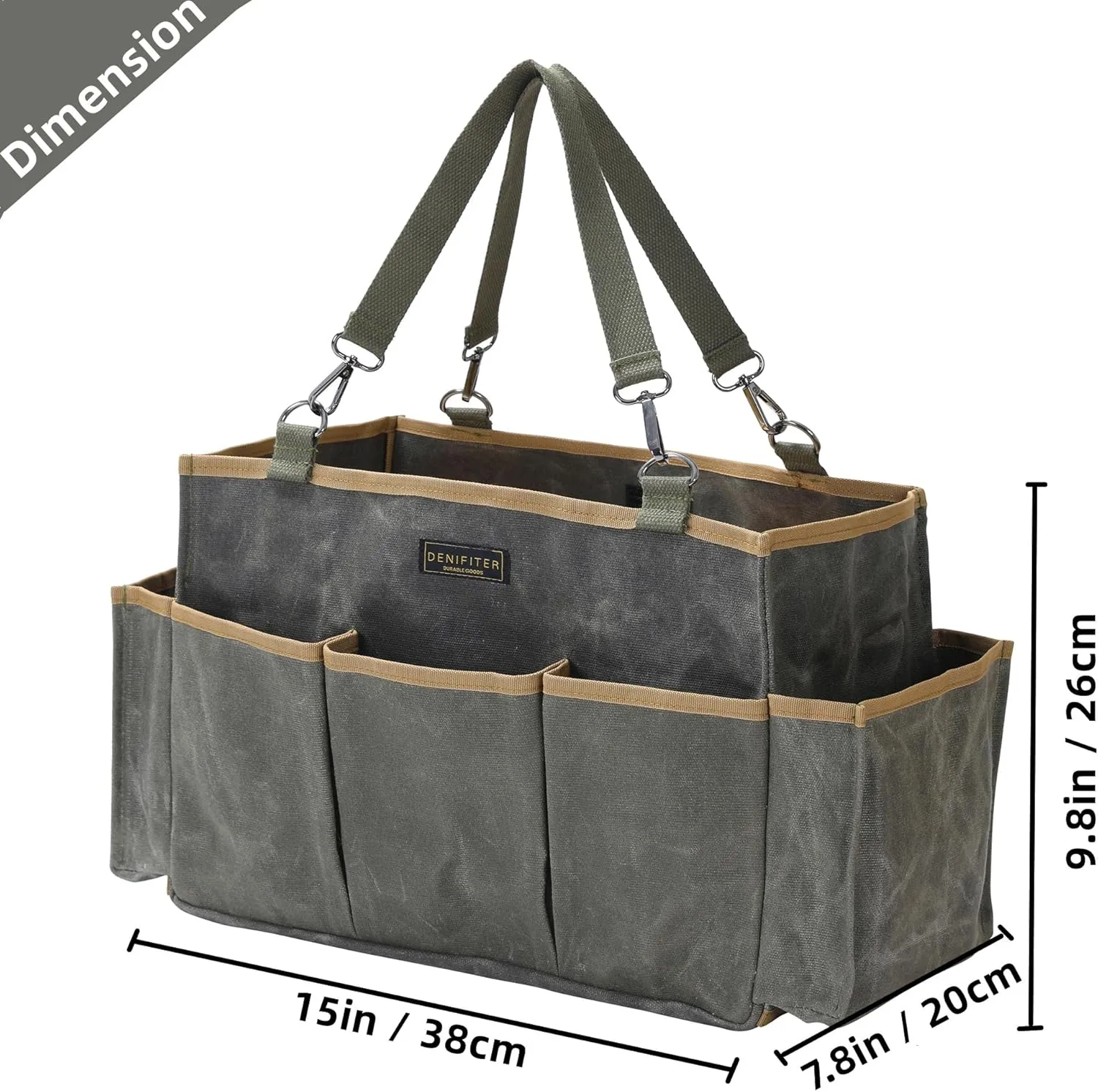 Waxed Canvas Tool Pouch,Garden Tool Bag Organizer with 8 External Pockets & Removable Handle, 15 X 9.8 X 7.8 inch Muti-Purpose Tool Bag with Adjustable Shoulder Strap | ArmyGreen