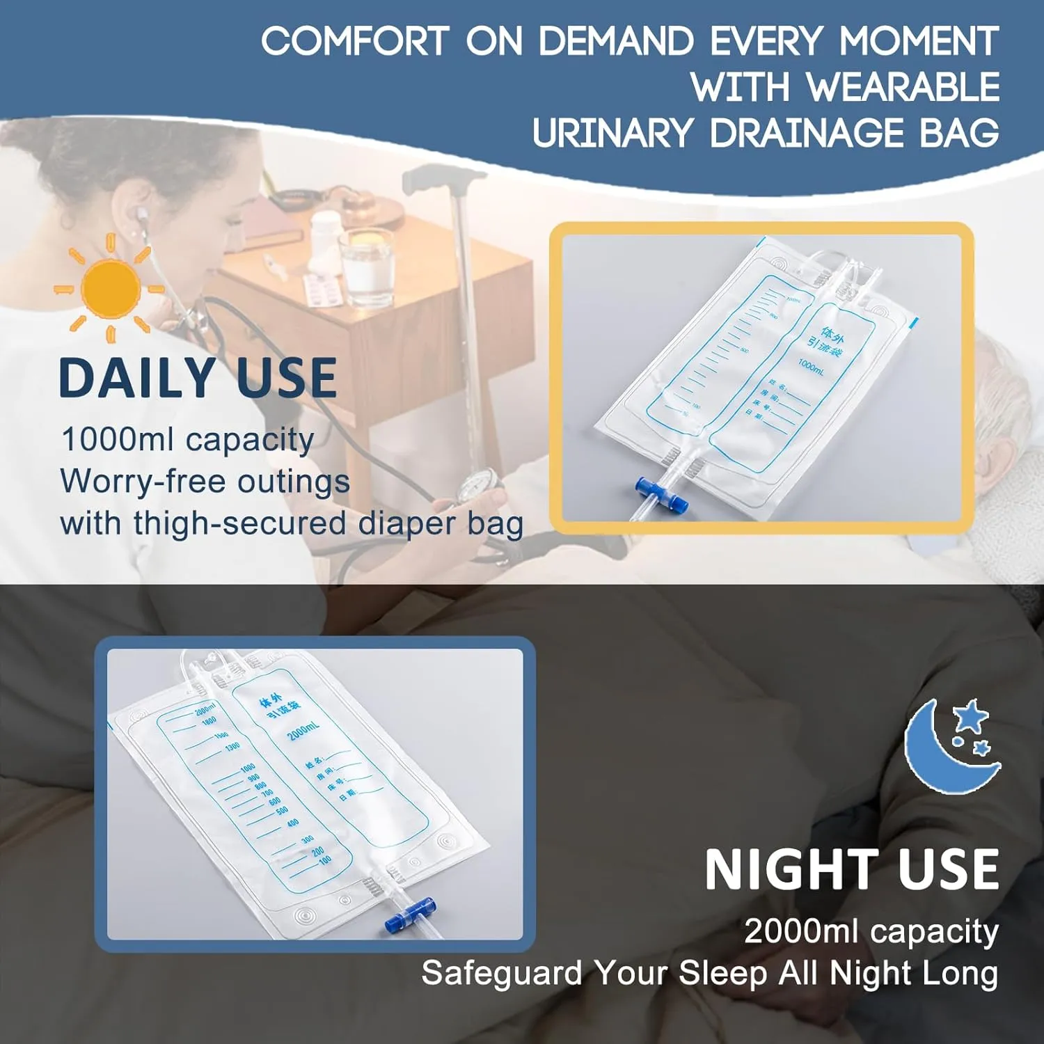 Wearable Urinal Bag with Reusable Silicone Urine Catheter Bag (2000ml & 1000ml), Portable External Urine Collector Bag for Men Black