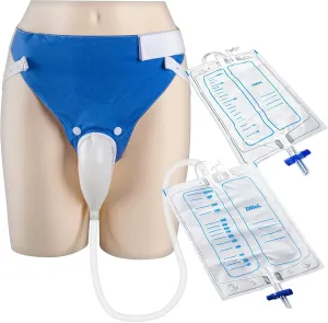 Wearable Urine Collector for Men with Breathable Cotton Fixing Pants Reusable Silicone Capsule 1.2M Drainage Tube and 1000ml 2000ml Urinary Drainage Bags, Elderly Men Blue