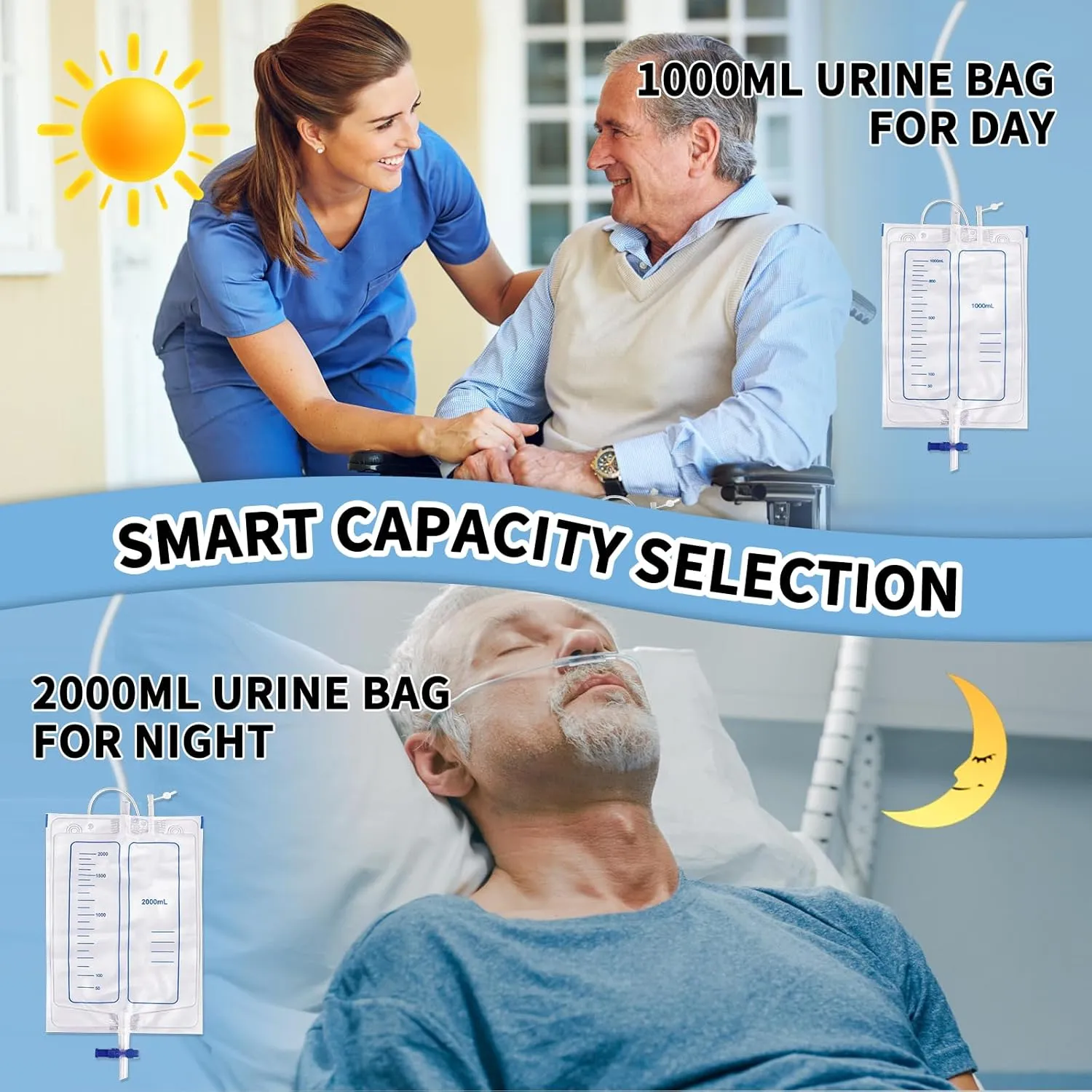 Wearable Urine Collector Set with 2 Drainage Bags (1000ml/2000ml), Reusable Silicone Catheter, Adjustable Cotton Pants, Elderly Men Grey