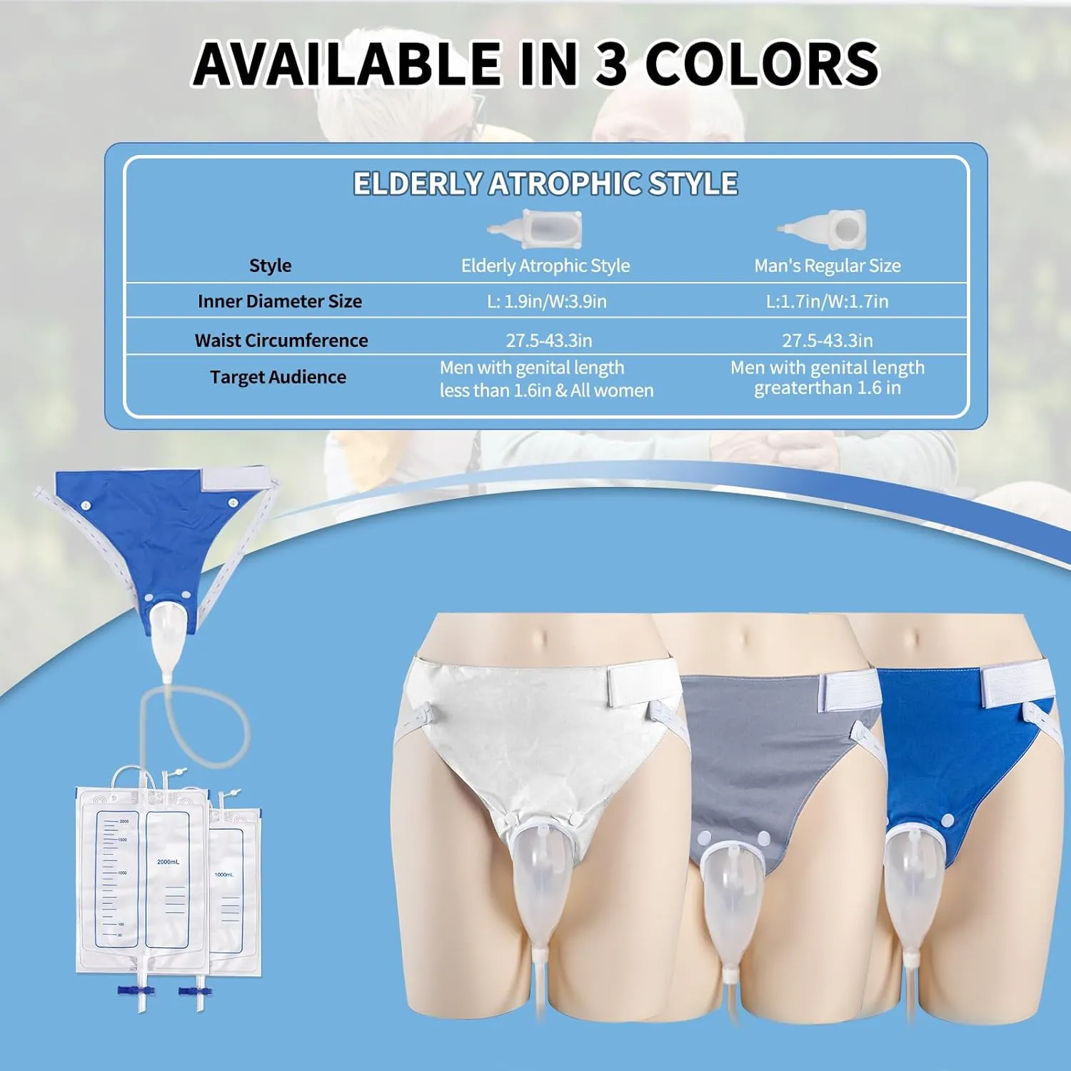 Wearable Urine Collector Set with 2 Drainage Bags (1000ml/2000ml), Reusable Silicone Catheter, Adjustable Cotton Pants, Elderly Men Grey