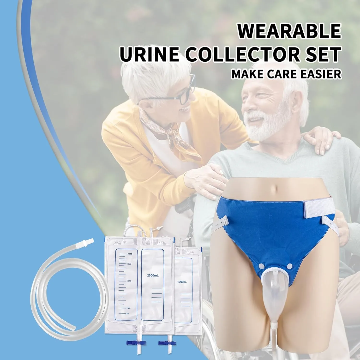 Wearable Urine Collector Set with 2 Drainage Bags (1000ml/2000ml), Reusable Silicone Catheter, Adjustable Cotton Pants, Elderly Men Grey