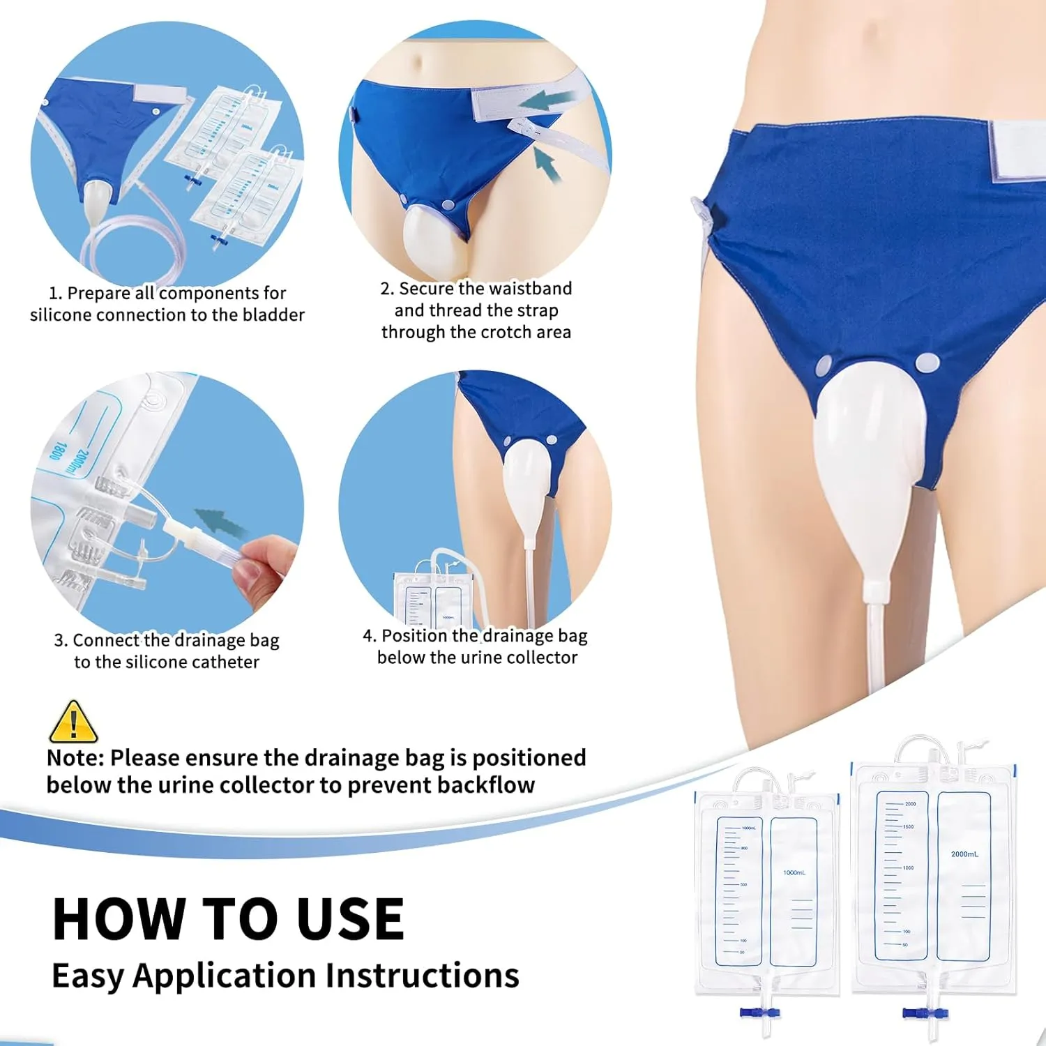 Wearable Urine Collector Set with 2 Drainage Bags (1000ml/2000ml), Reusable Silicone Catheter, Adjustable Cotton Pants, Elderly Men Grey