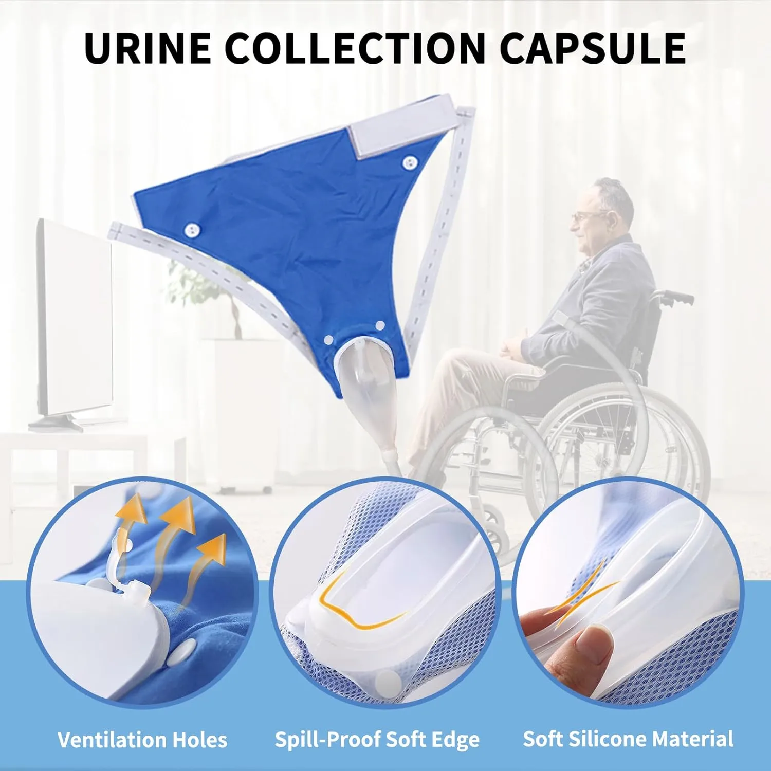 Wearable Urine Collector Set with 2 Drainage Bags (1000ml/2000ml), Reusable Silicone Catheter, Adjustable Cotton Pants, Elderly Men Grey