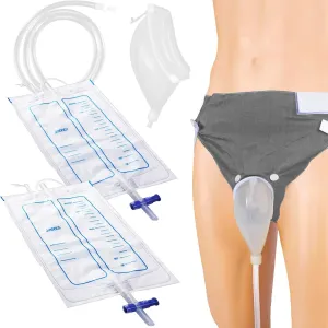 Wearable Urine Collector Set with 2 Drainage Bags (1000ml/2000ml), Reusable Silicone Catheter, Adjustable Cotton Pants, Elderly Men Grey