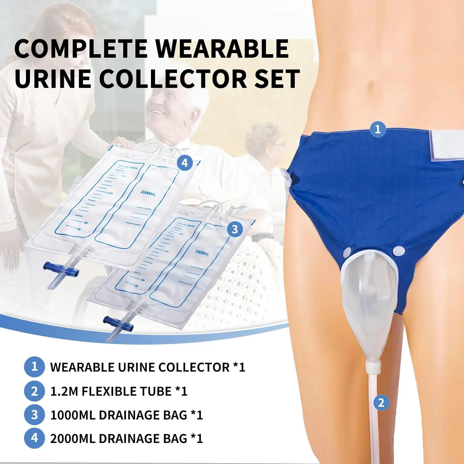 Wearable Urine Collector Set with 2 Drainage Bags (1000ml/2000ml), Reusable Silicone Catheter, Adjustable Cotton Pants, Elderly Men Grey