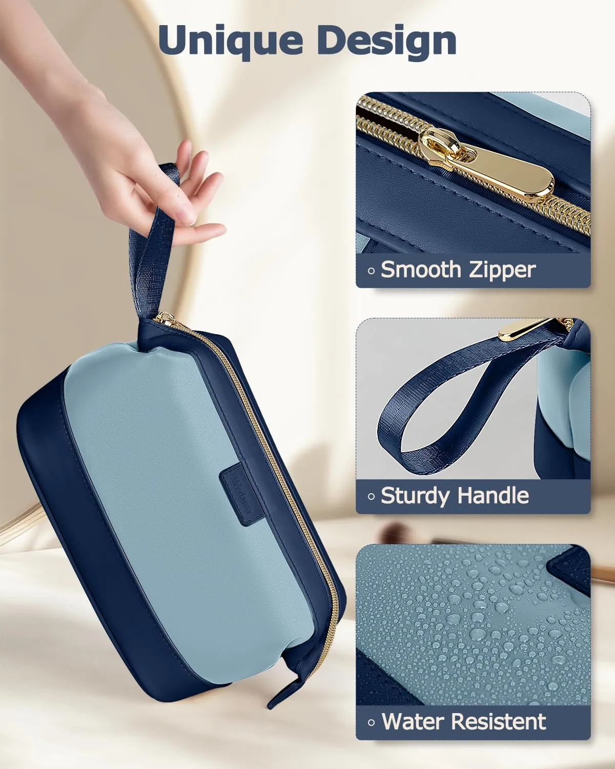 Wedama Makeup Bag, Large Capacity Travel Cosmetic Bag, PU Leather Makeup Pouch Wide Open Make up Organizer Bag Portable Makeup Case Waterproof Toiletry Bag with Handle for Women Girls, Blue