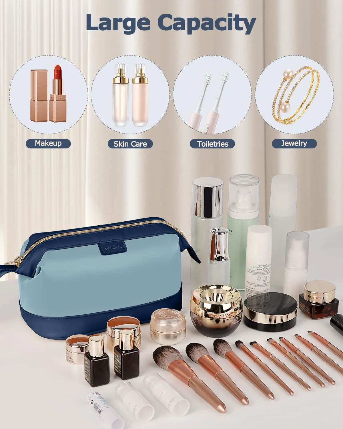 Wedama Makeup Bag, Large Capacity Travel Cosmetic Bag, PU Leather Makeup Pouch Wide Open Make up Organizer Bag Portable Makeup Case Waterproof Toiletry Bag with Handle for Women Girls, Blue