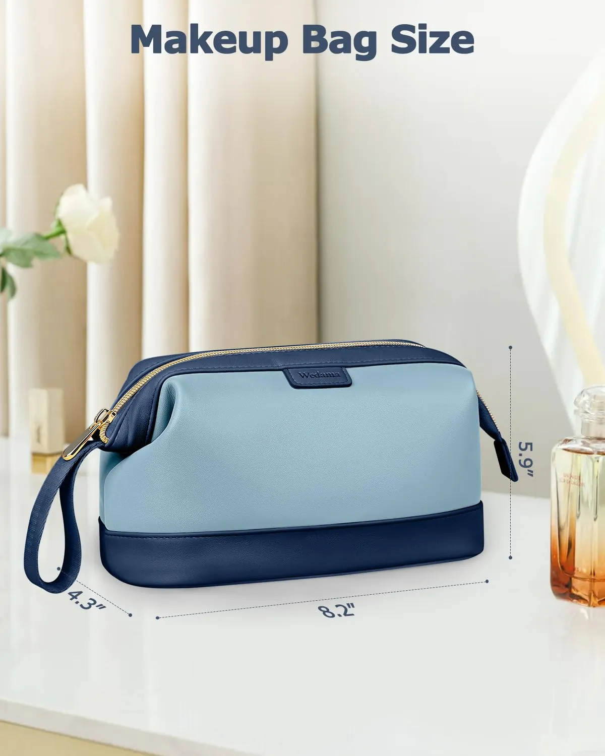 Wedama Makeup Bag, Large Capacity Travel Cosmetic Bag, PU Leather Makeup Pouch Wide Open Make up Organizer Bag Portable Makeup Case Waterproof Toiletry Bag with Handle for Women Girls, Blue