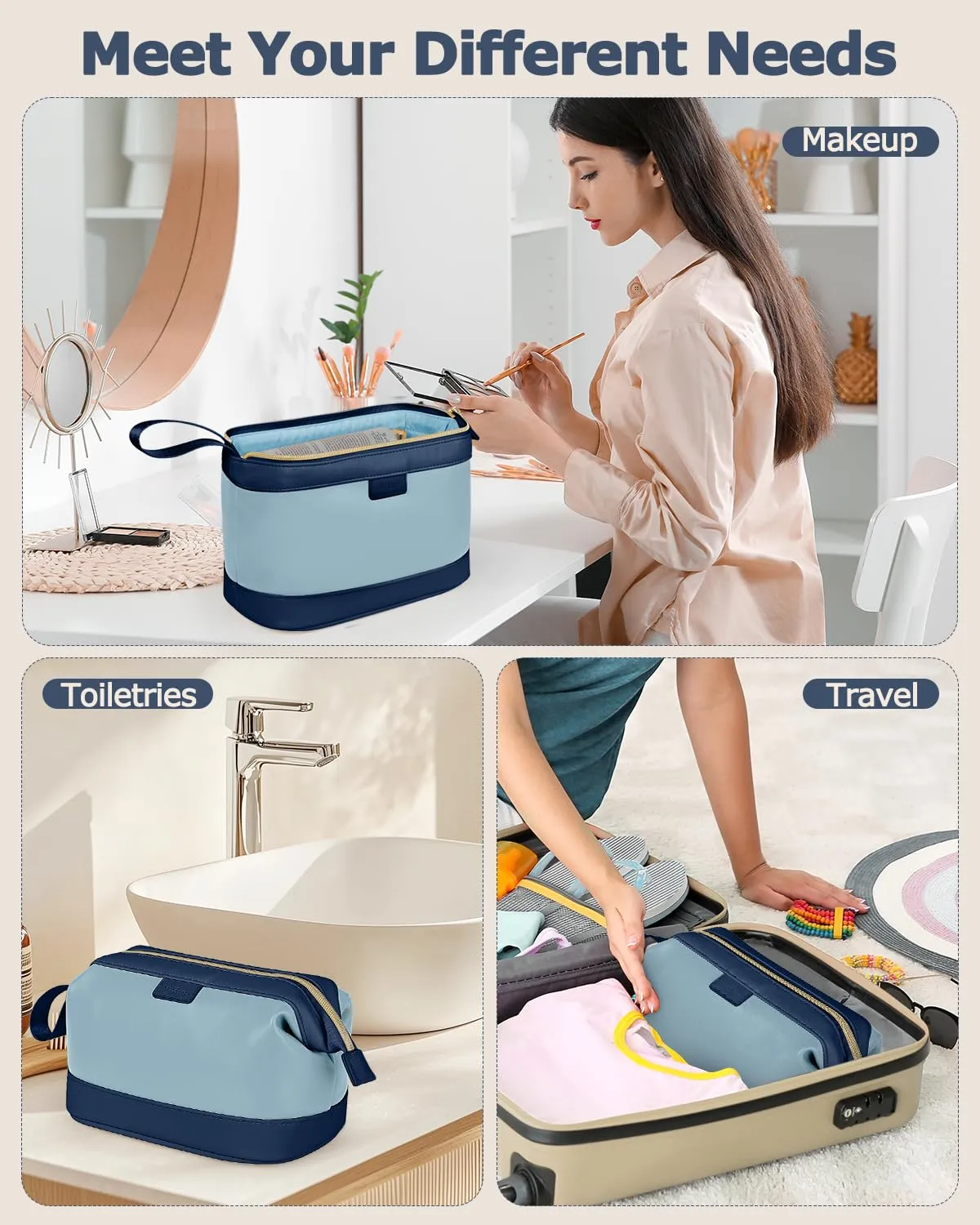 Wedama Makeup Bag, Large Capacity Travel Cosmetic Bag, PU Leather Makeup Pouch Wide Open Make up Organizer Bag Portable Makeup Case Waterproof Toiletry Bag with Handle for Women Girls, Blue