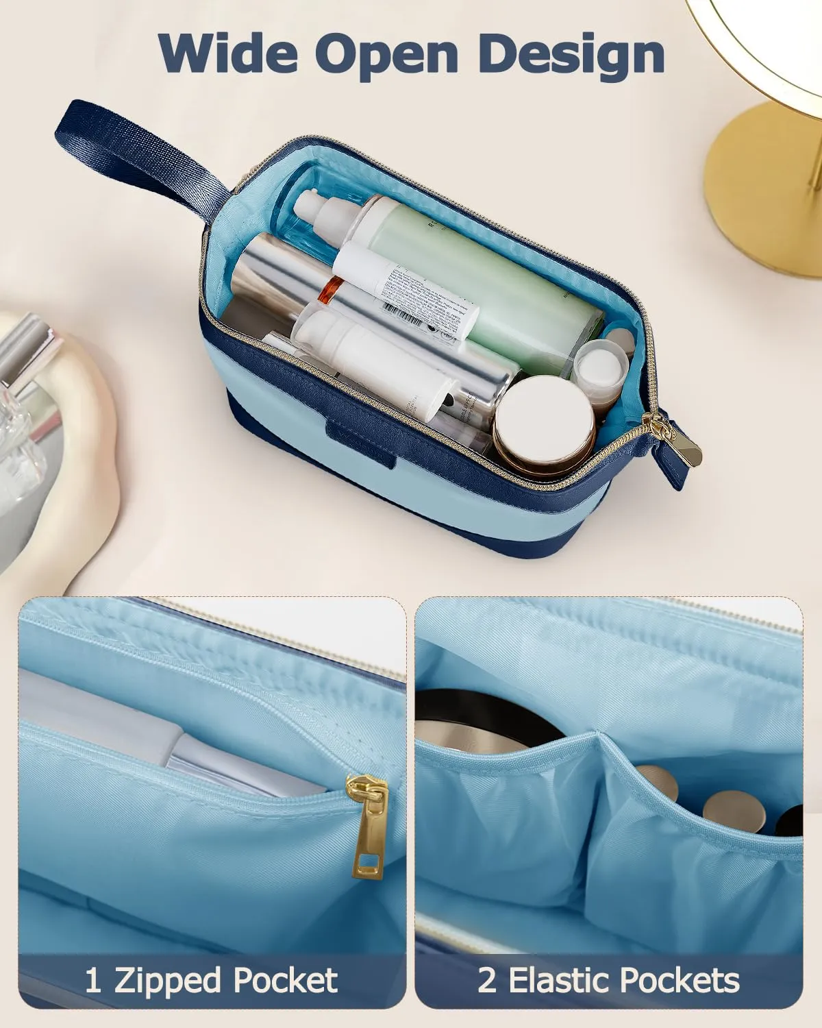 Wedama Makeup Bag, Large Capacity Travel Cosmetic Bag, PU Leather Makeup Pouch Wide Open Make up Organizer Bag Portable Makeup Case Waterproof Toiletry Bag with Handle for Women Girls, Blue