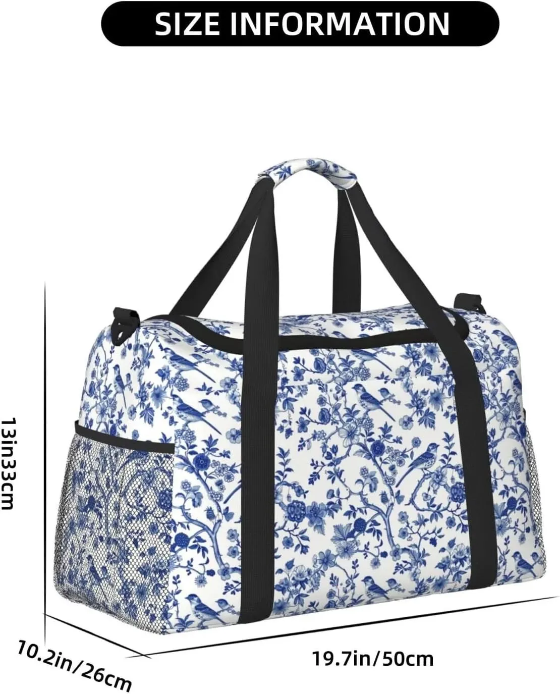 Weekender Bags for Women Men Boho Chinoiserie Large Overnight Bag Travel Duffel Bags Blue Branch Birds Carry On Bag Water & Tear Resistant Luggage Bag Water Resistant and Lightweight