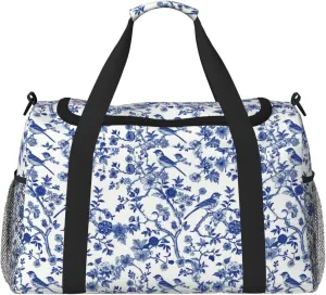Weekender Bags for Women Men Boho Chinoiserie Large Overnight Bag Travel Duffel Bags Blue Branch Birds Carry On Bag Water & Tear Resistant Luggage Bag Water Resistant and Lightweight