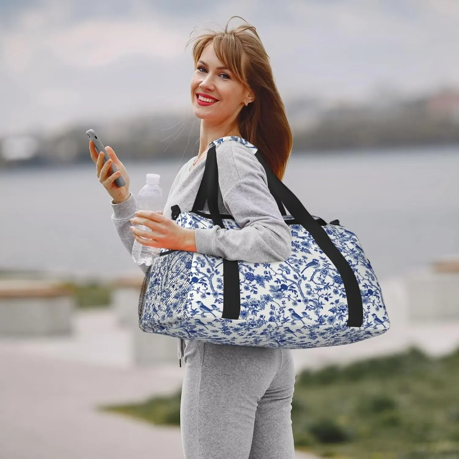 Weekender Bags for Women Men Boho Chinoiserie Large Overnight Bag Travel Duffel Bags Blue Branch Birds Carry On Bag Water & Tear Resistant Luggage Bag Water Resistant and Lightweight
