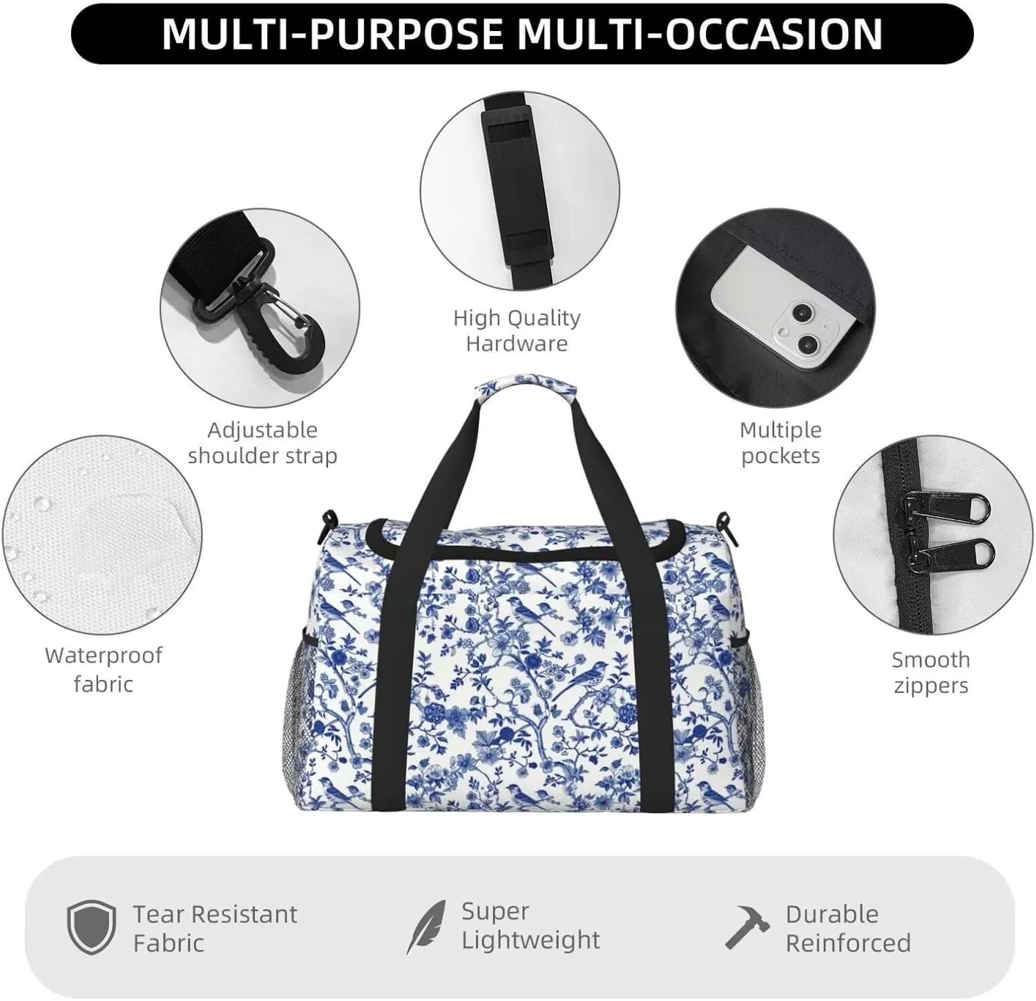 Weekender Bags for Women Men Boho Chinoiserie Large Overnight Bag Travel Duffel Bags Blue Branch Birds Carry On Bag Water & Tear Resistant Luggage Bag Water Resistant and Lightweight