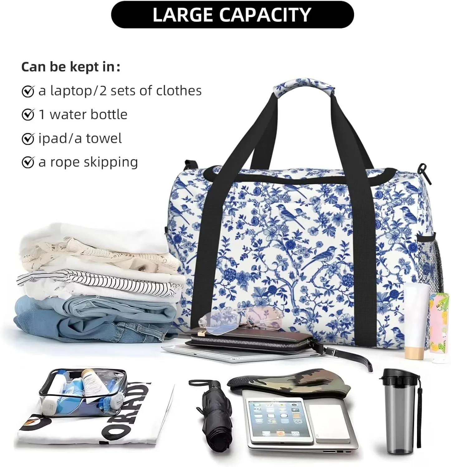 Weekender Bags for Women Men Boho Chinoiserie Large Overnight Bag Travel Duffel Bags Blue Branch Birds Carry On Bag Water & Tear Resistant Luggage Bag Water Resistant and Lightweight