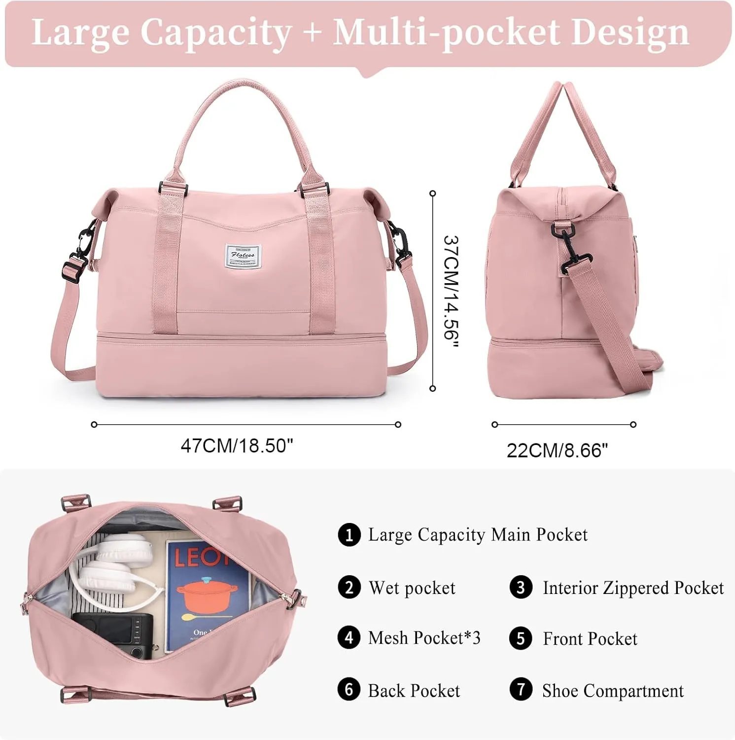 Weekender Bags for Women,Personal Item Travel Bag with Shoes Compartment,Large Overnight Travel Duffel Bag with Grid Toiletry Bag,Pink