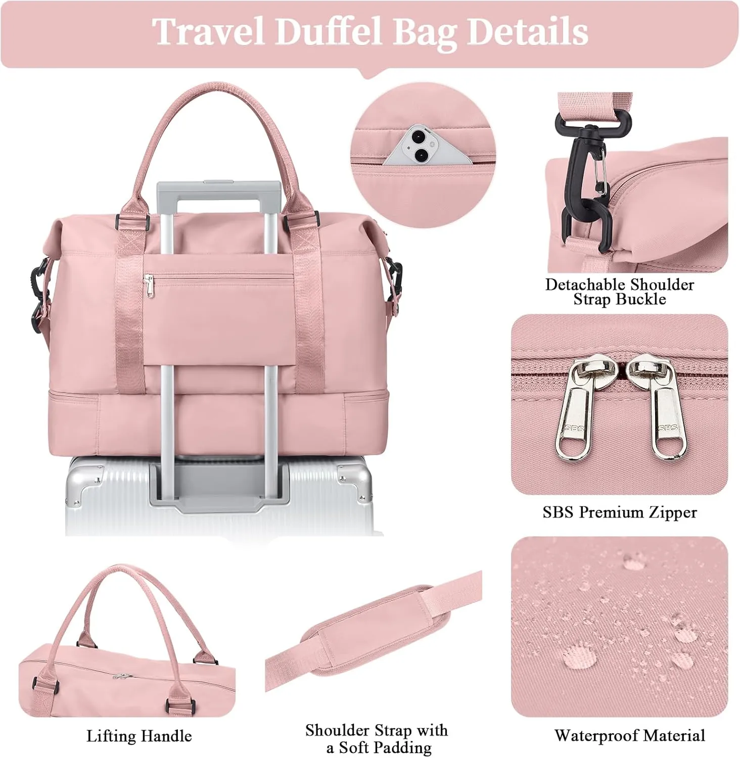 Weekender Bags for Women,Personal Item Travel Bag with Shoes Compartment,Large Overnight Travel Duffel Bag with Grid Toiletry Bag,Pink
